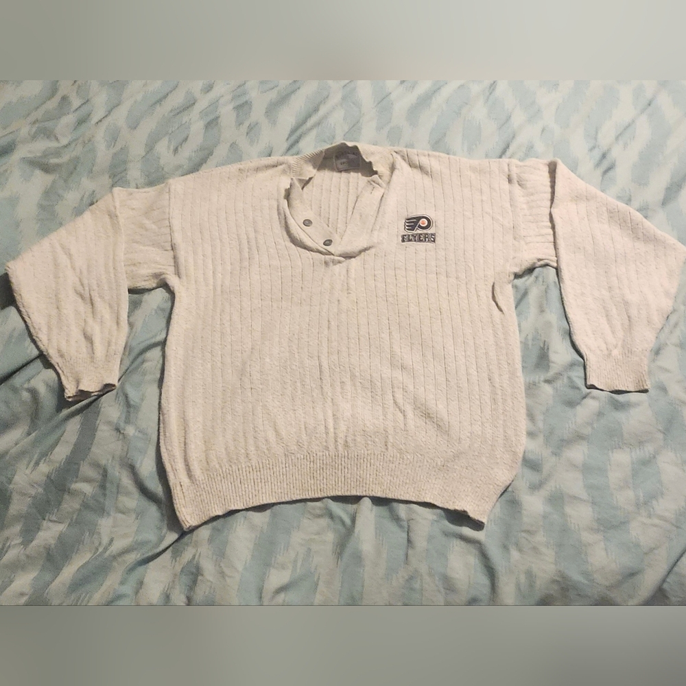PHILADELPHIA FLYERS Mens XL Sweater Pullover  Gray Button Neck Long‎ Sleeve NHL